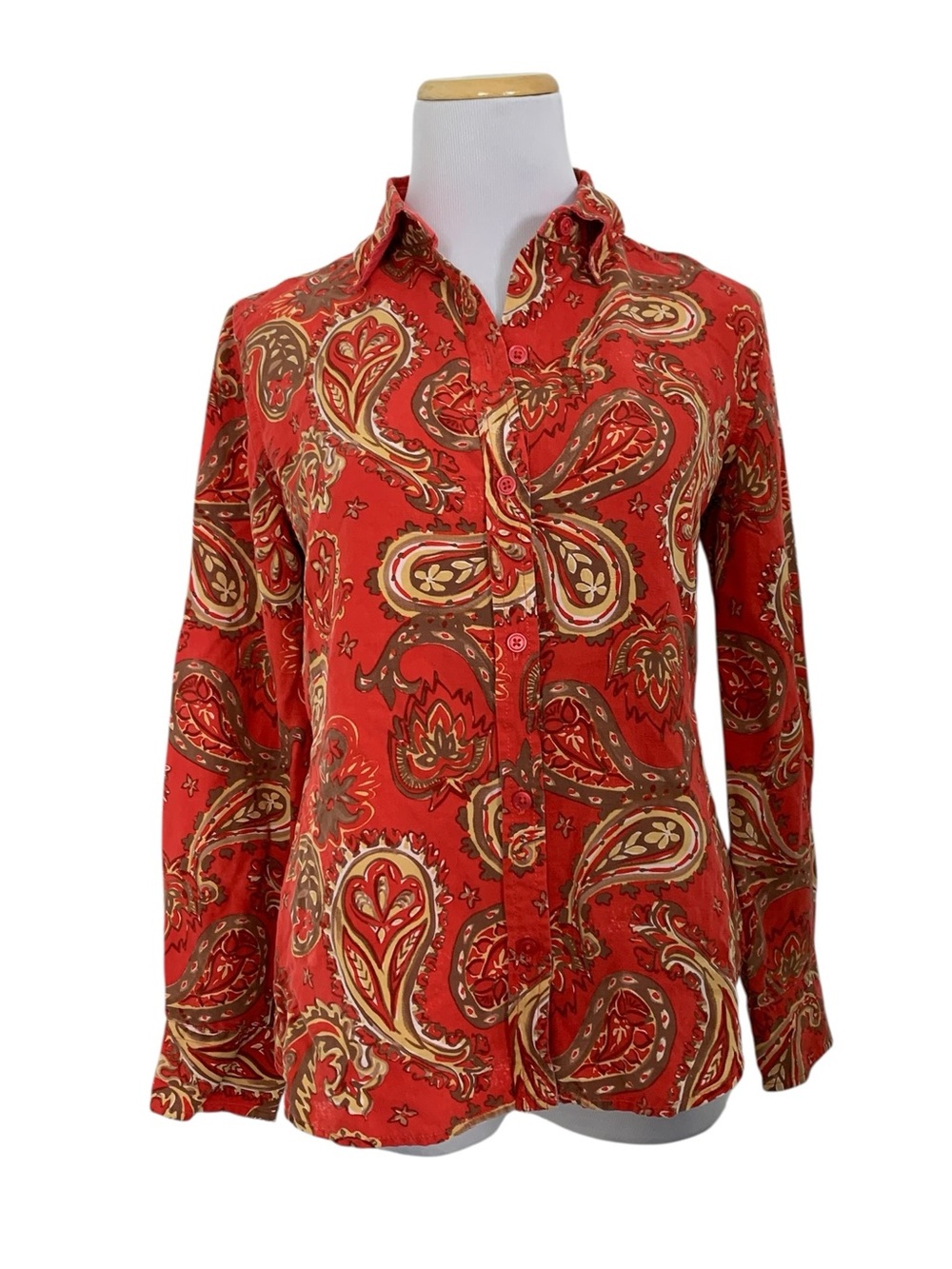 Wintersilks Silk Linen Blend Button Up Shirt Paisley Women’s S Orange Classic